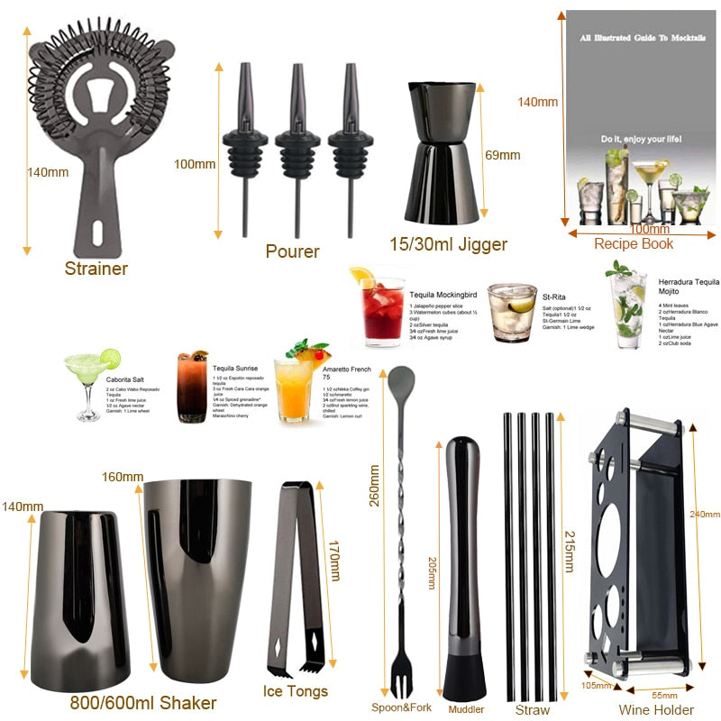 Black/Gold/Rose Gold Boston Cocktail Shaker Set 3-12 Pcs